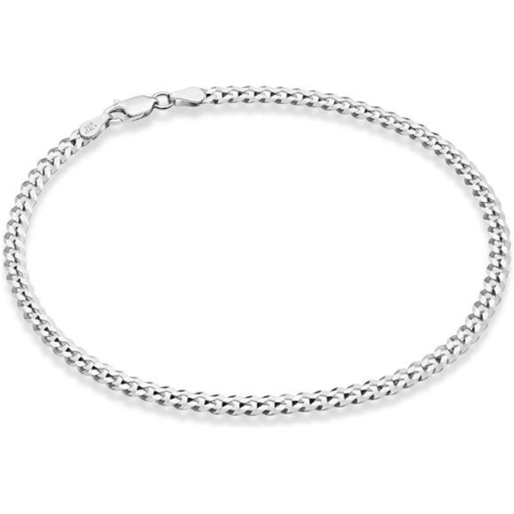 925 Sterling Silver Italian 3.5mm Diamond Cut Cuban Link Curb Chain Anklet - Picture 1 of 7